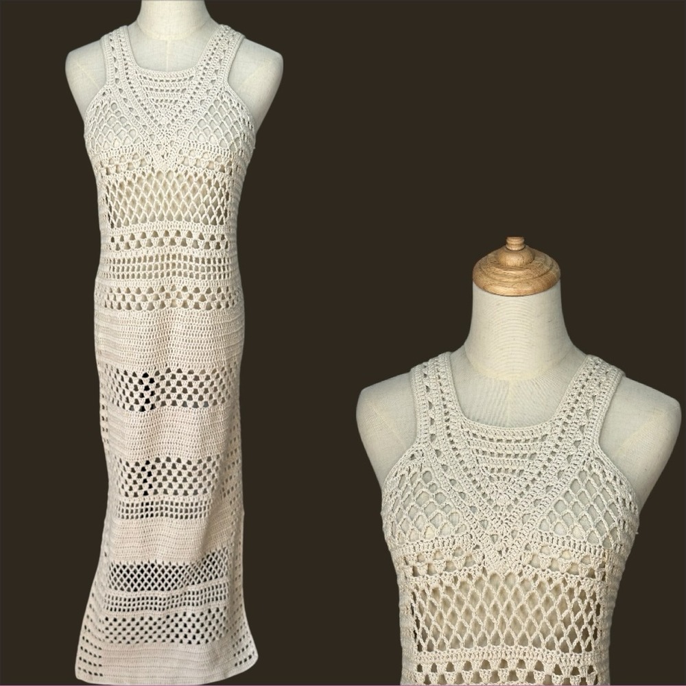 AllSaints Hand Crochet Column Maxi Dress Cream US 4 100% Cotton Coastal Festival